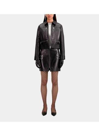 Blouson Biker En Cuir Noir Avec Zip Femme