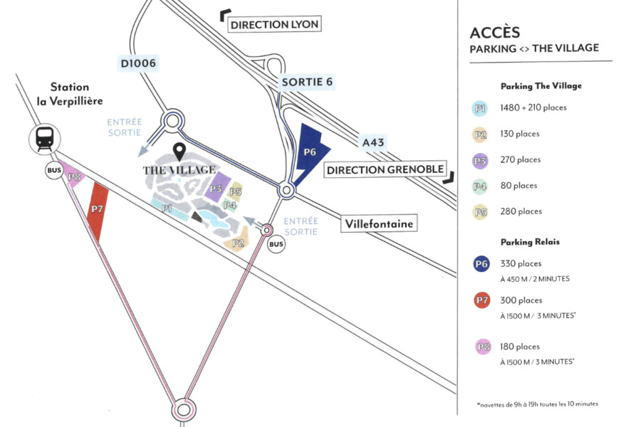 Parking gratuit ! Sur l'autoroute A43 prendre la sortie 6 Villefontaine avec 2500 places de parking gratuites