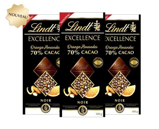 Trilogie Lindt Excellence Noir 70% Eclats Orange Amandes