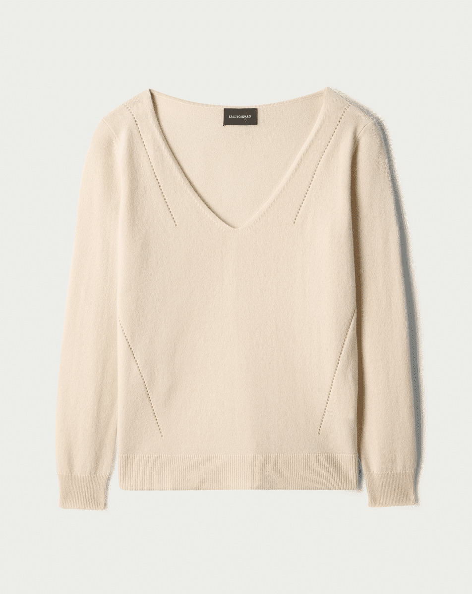 Pull V ample col à même lignes pointelle - Femme - CREAM