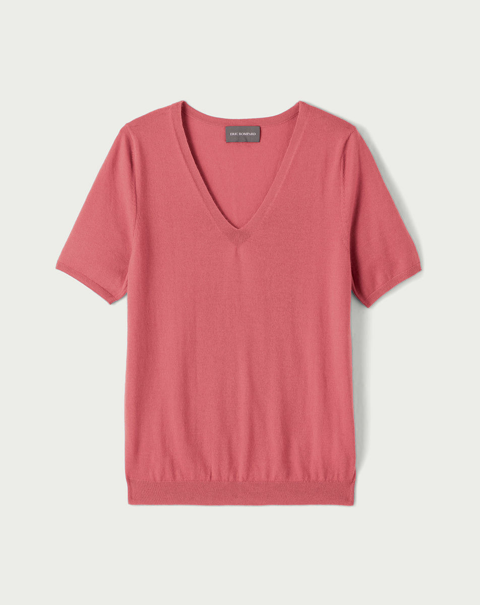 Pull V manches courtes ultrafin contemporain - Femme - BOIS DE ROSE