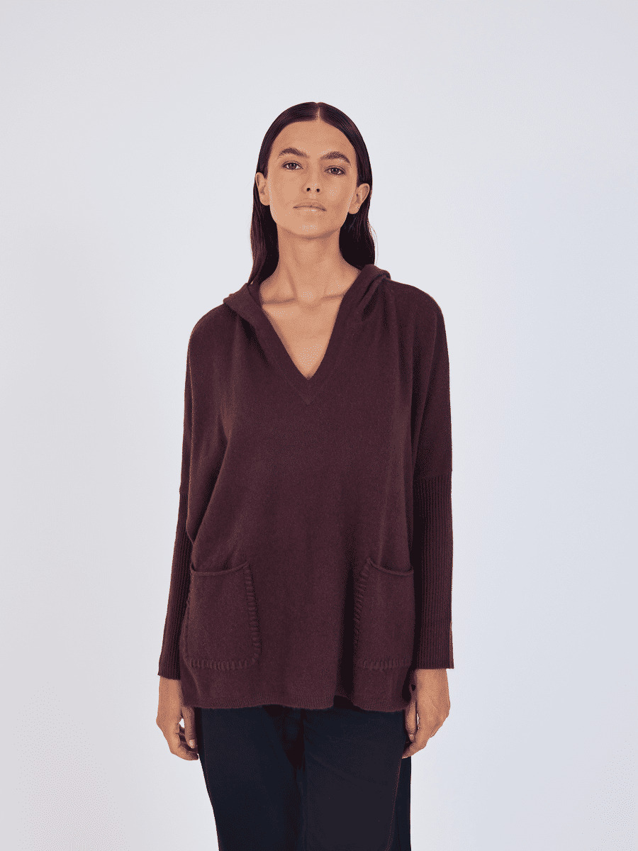 Pull poncho cachemire à capuche Onika CACAO