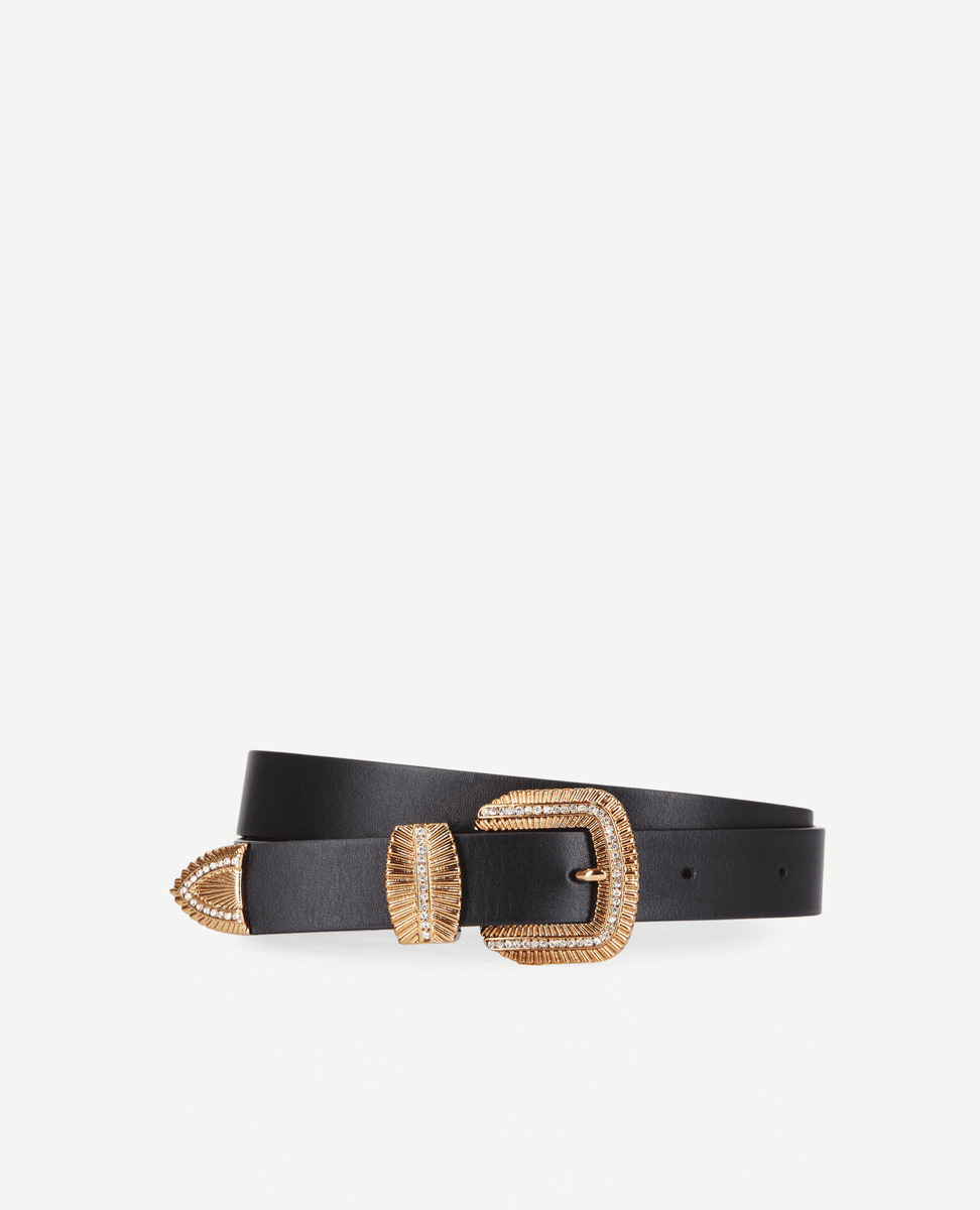 Ceinture En Cuir Noir Avec Boucle À Stries Et Strass