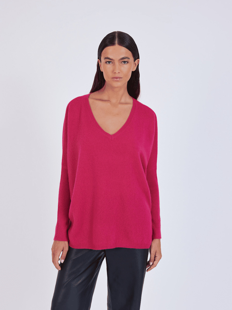 Pull poncho cachemire col V Faustine FRAMBOISE_ELECTRIQUE