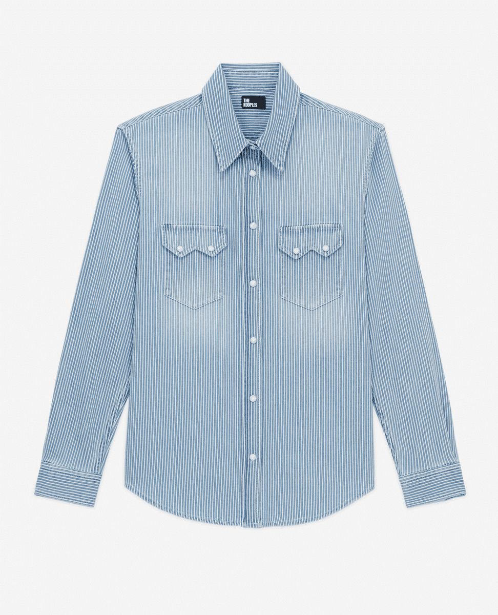 Chemise Ml En Denim Rayé Bleu Et Blanche, Détail De Poche Western Femme