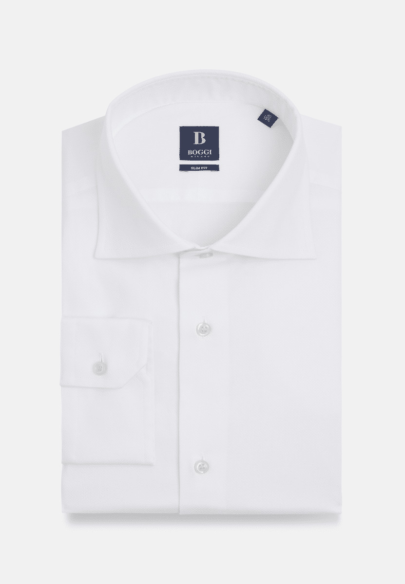 Dress Shirt Dobby White In Cotton Slim Fit