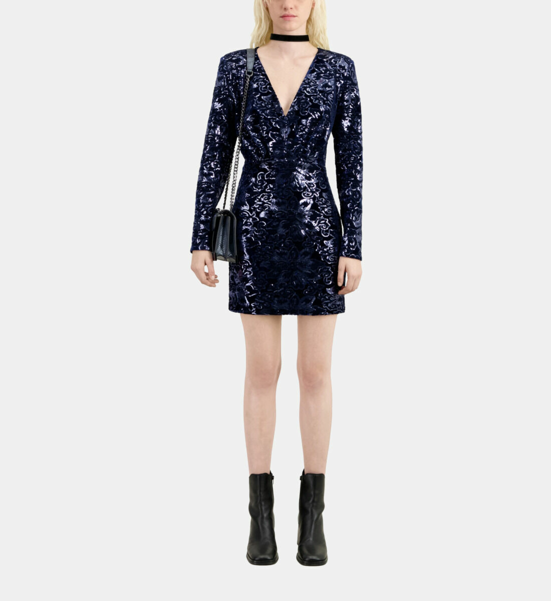 Robe Courte Bleu Marine En Velours Avec Sequins