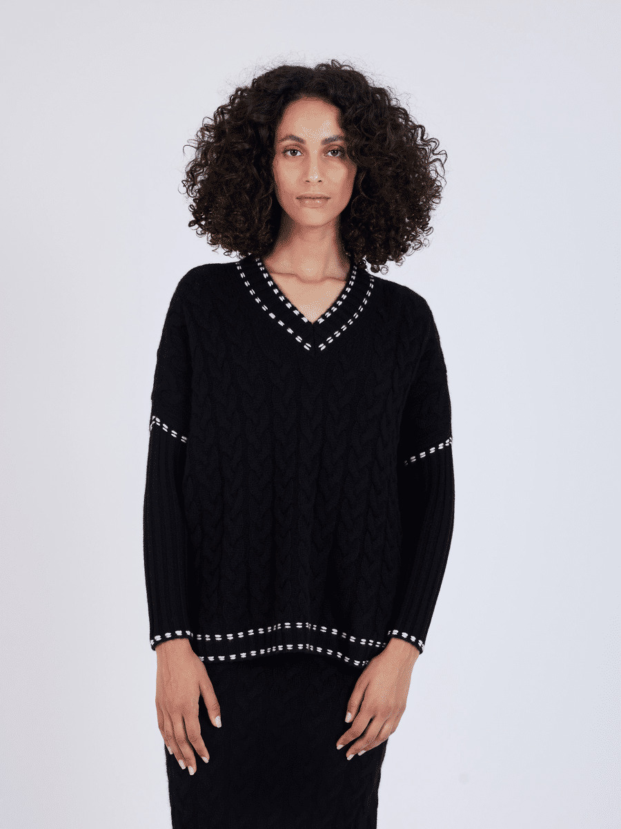 Pull poncho cachemire torsadé Anushka NOIR_ECRU