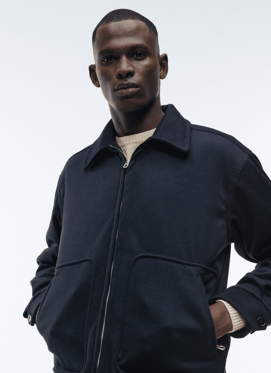 Blouson en drap de laine mélangée bleu marine