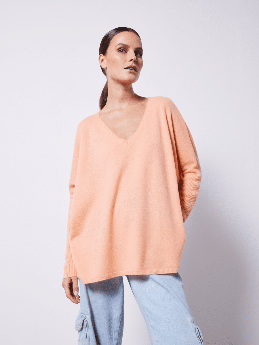 Pull poncho cachemire col V Faustine SORBET ABRICOT