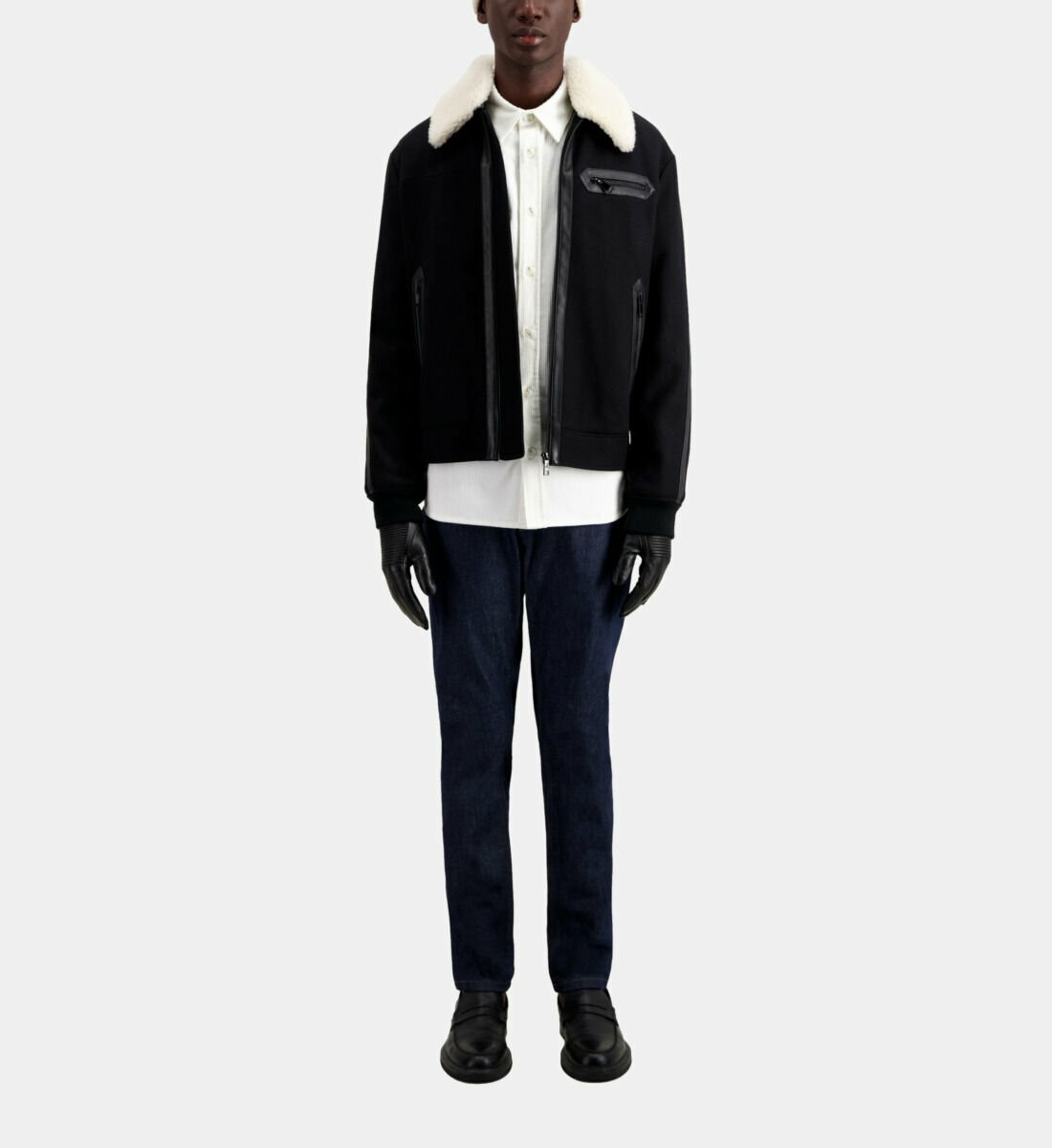 Blouson Aviateur Col Amovible En Fourrure, Empiecement Cuir Devant Homme