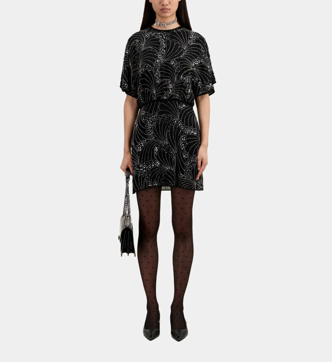 Robe Courte Noire Avec Sequins Et Perles Femme