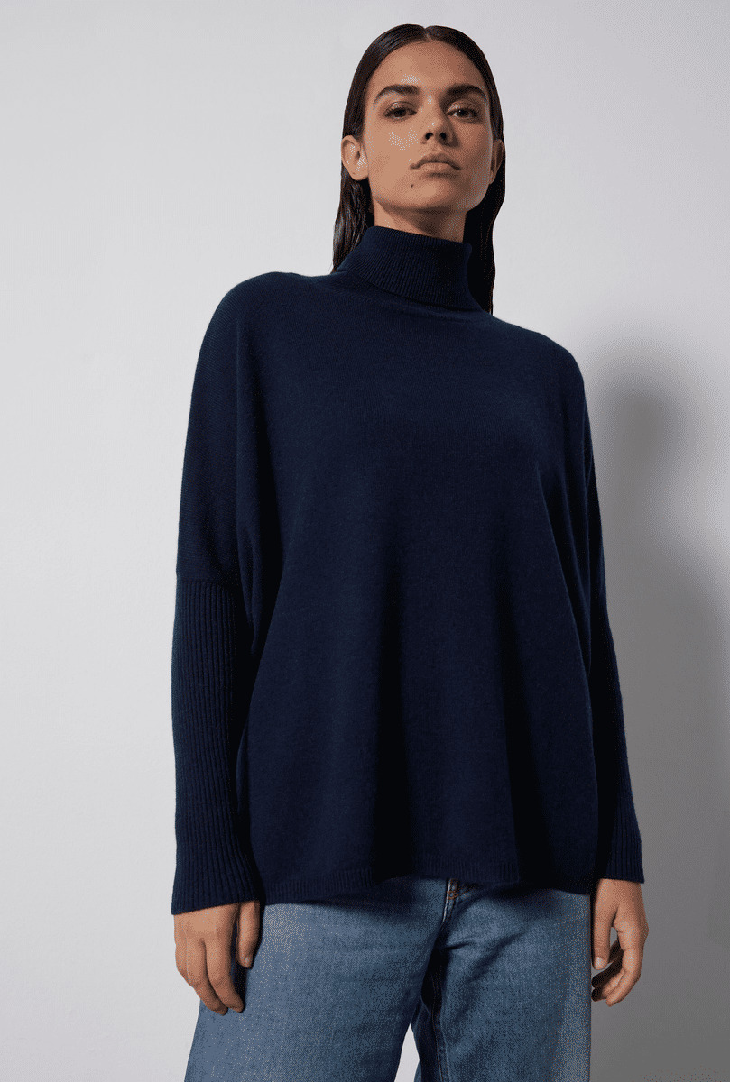 Pull poncho col roulé cachemire Margareth BLEU NUIT