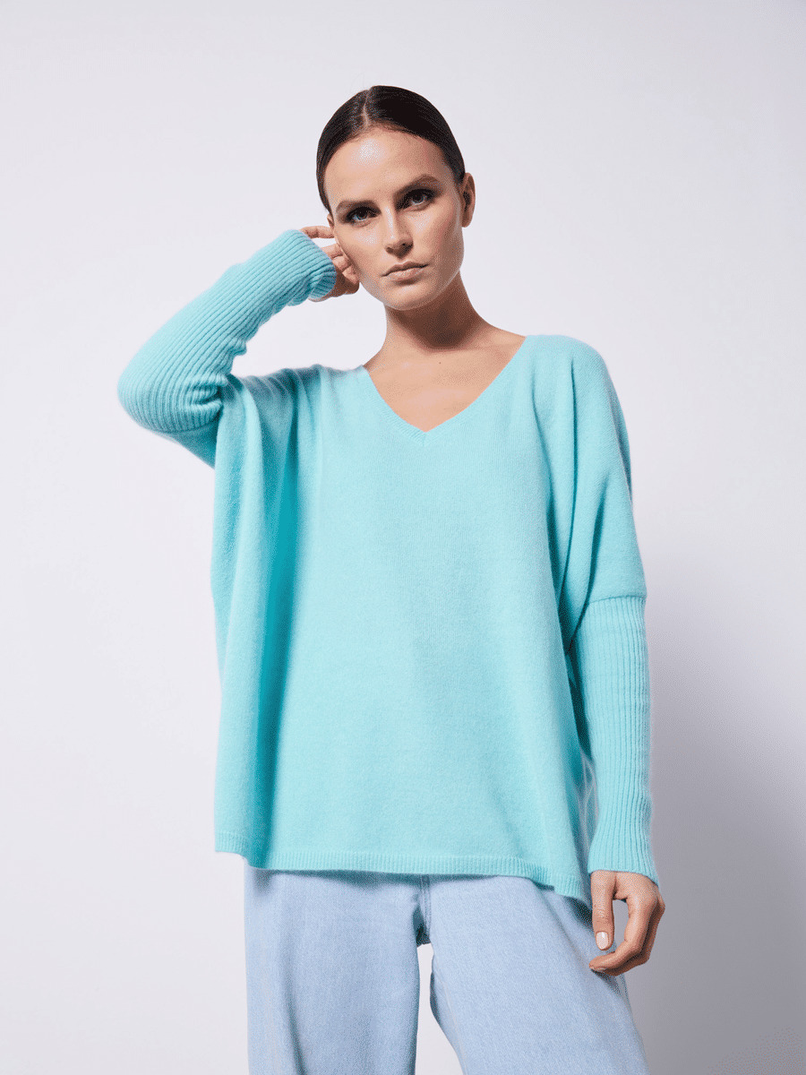 Pull poncho cachemire col V Faustine LAGUNE