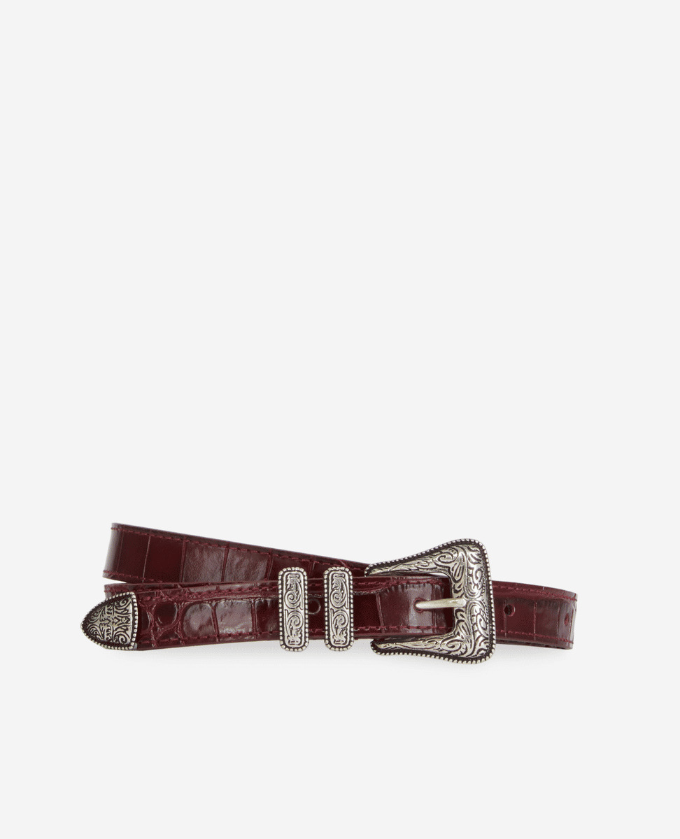 Ceinture En Cuir Bordeaux Effet Crocodile Avec Boucle Western