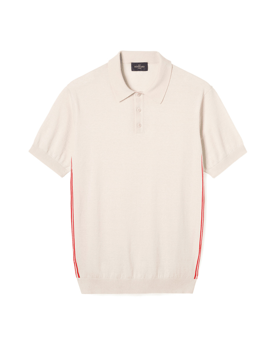 Polo ultrafin finitions rayées - Homme - NATUREL/ROUGE GORGE/NATUREL