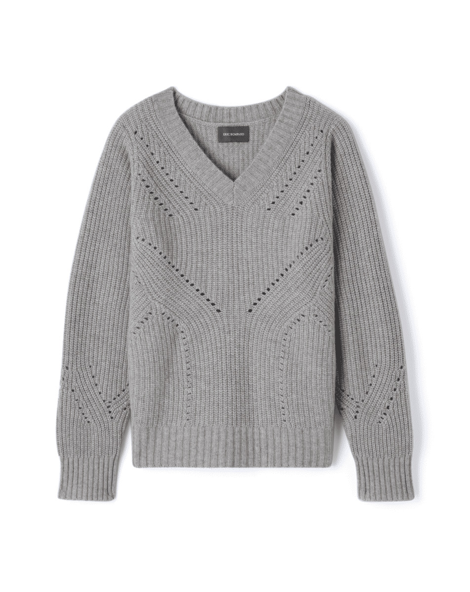 Pull V ample jeux de côtes et pointelle - Femme - GRIS ARGENTE