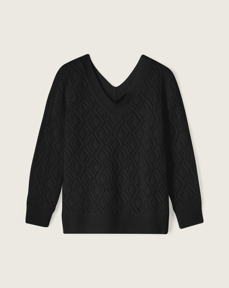 Pull V dos pointelle  - Femme - NOIR