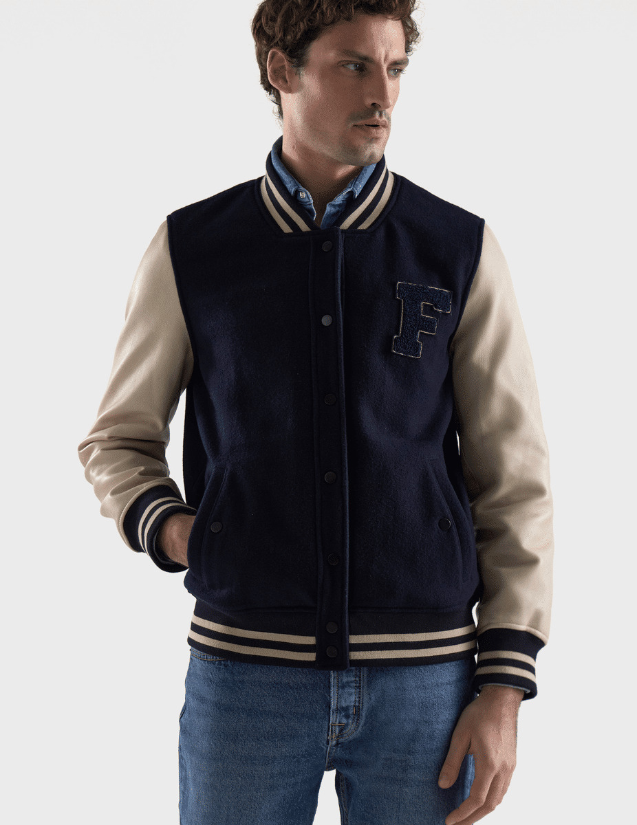 Blouson Floyd en cuir et laine marine