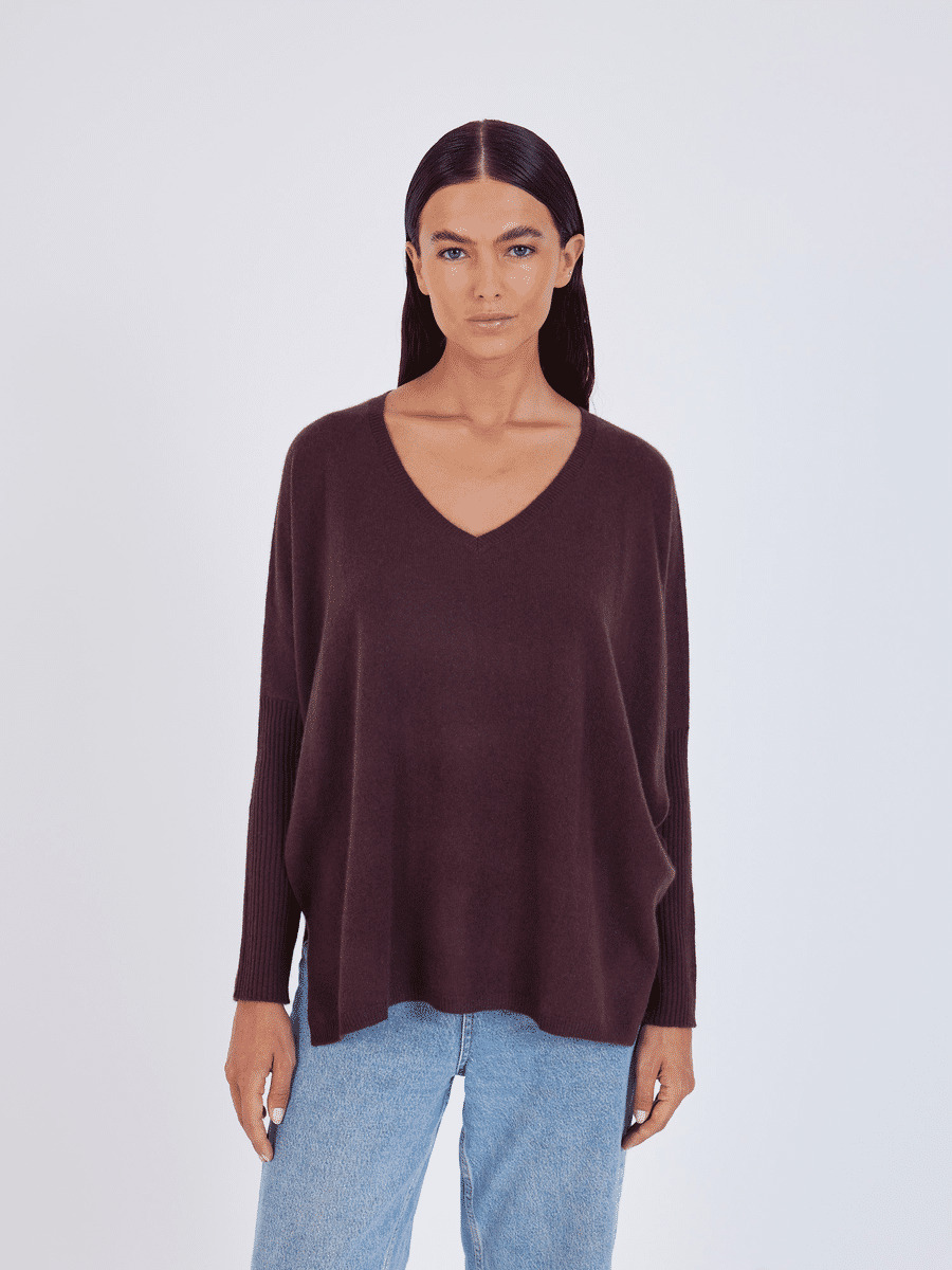 Pull poncho cachemire col V Faustine CACAO