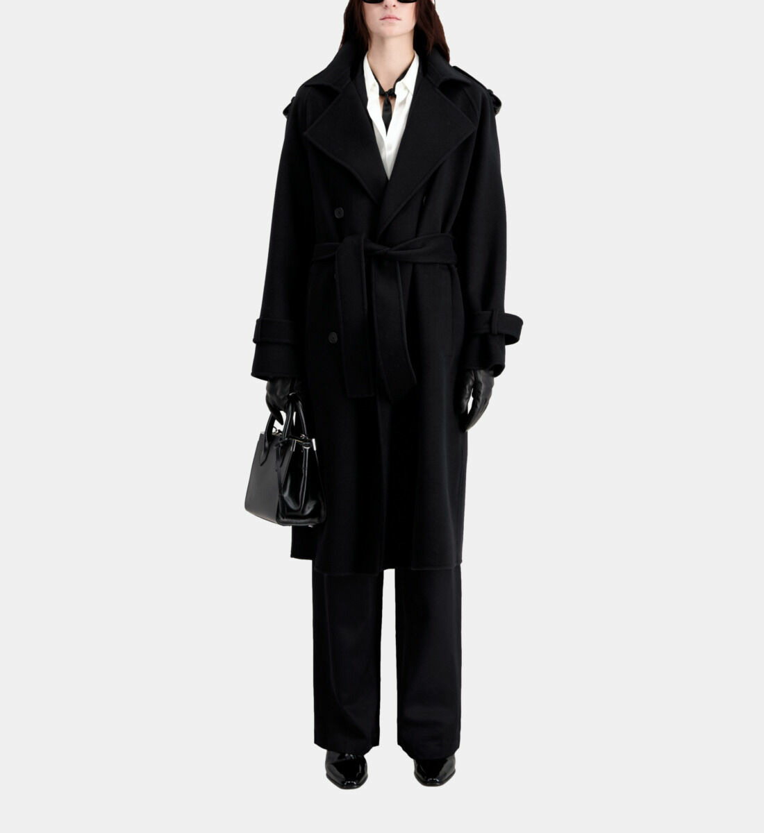 Manteau Long Noir En Laine Mélangée Femme