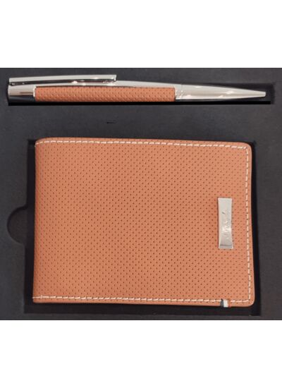 Coffret stylo bille défi cuir perforé marron et porte carte 6CC