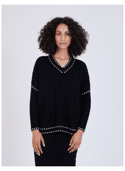 Pull poncho cachemire torsadé Anushka NOIR_ECRU