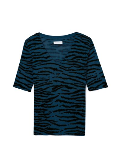 Pull V manches courtes ultrafin tigre - Femme - PETROLE