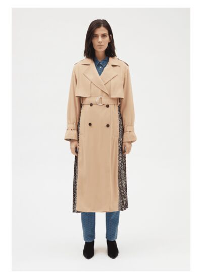 Trench mi-long plissé monogramme beige