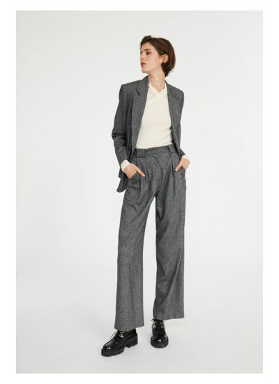 Pantalon tailleur large gris chiné