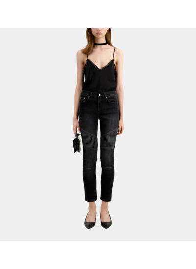 Jean Slim Moto Denim Noir Avec Details Pintucks