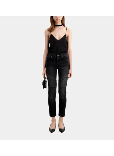 Jean Slim Moto Denim Noir Avec Details Pintucks Femme