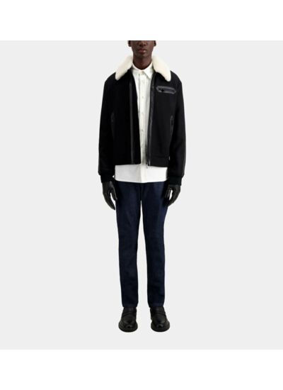 Blouson Aviateur Col Amovible En Fourrure, Empiecement Cuir Devant