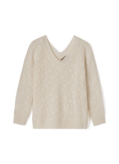 Pull V dos pointelle  - Femme - NATUREL