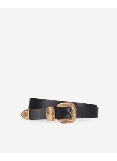 Ceinture En Cuir Noir Avec Boucle À Stries Et Strass