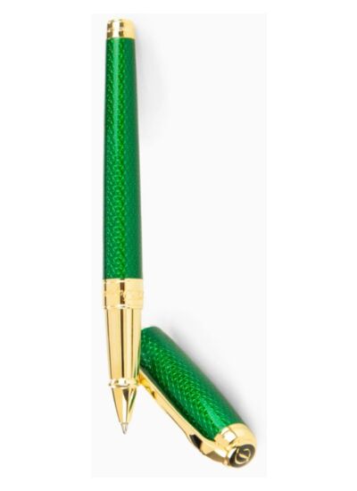 Gamme orfèvre - Stylo Roller large line D laque naturelle verte et or jaune