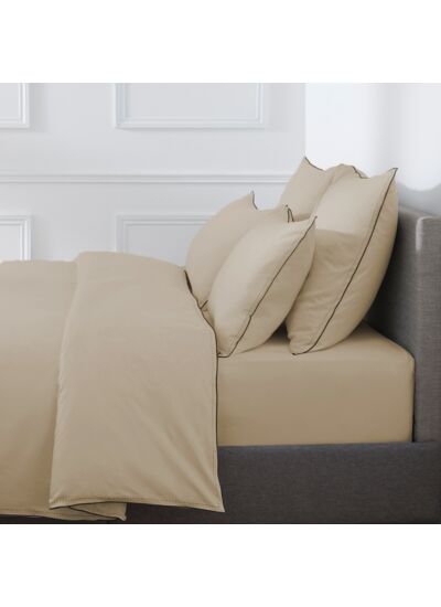 HOUSSE DE COUETTE | Pure White Satin Lavé - Sand - Finition Black