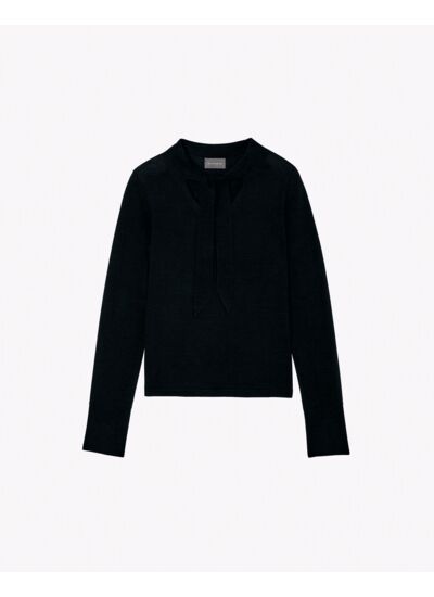 Pull V ultrafin détail cravate - Femme - NOIR