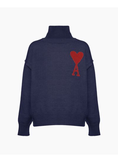 Ami Paris Pull Col Roulé Ami de Coeur Bleu Marine