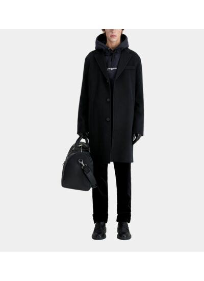 Manteau Long Noir En Laine Mélangée Homme