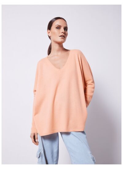 Pull poncho cachemire col V Faustine SORBET ABRICOT