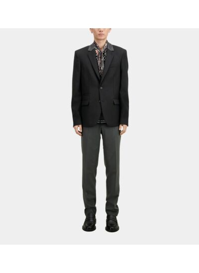 Blazer Noir En Laine Avec Détails En Cuir