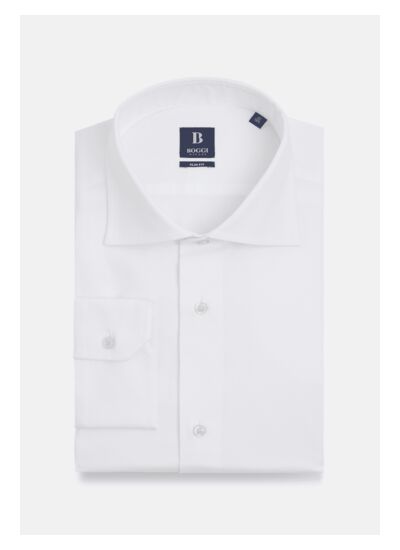 Dress Shirt Dobby White In Cotton Slim Fit