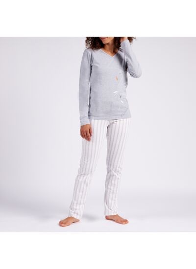 Pyjama femme QUIETUDE gris chiné/blanc