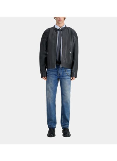 Blouson En Cuir Noir Avec Détails Matelassés Homme