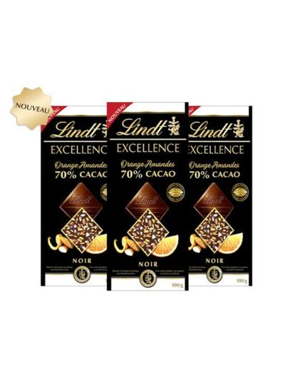 Trilogie Lindt Excellence Noir 70% Eclats Orange Amandes