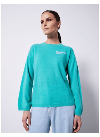 Pull cachemire col rond message “Insta Me” FRESH MINT