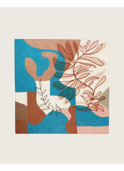 Carré imprimé collage minimaliste et feuilles 120 x 120 cm - Accessoire - BLEU CALDERO