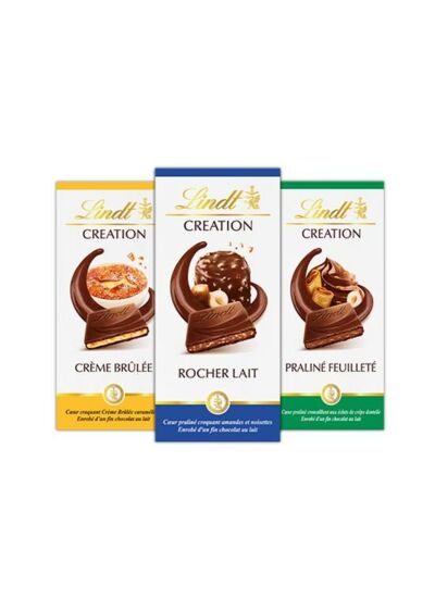 Trilogie Lindt Creation Crème Brûlée, Lait Praliné Rocher Et Praliné Feuilleté