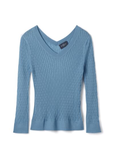 Pull V ultrafin petites torsades - Femme - BLEU GLAZ